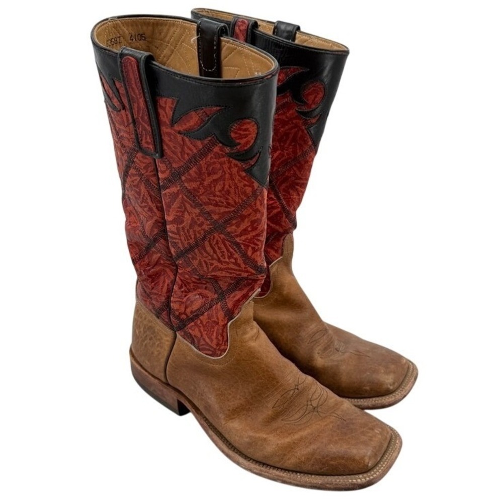 Anderson Bean Mens Square Toe Cowboy Boots Tan Red Black Leather USA 8358Z 4105